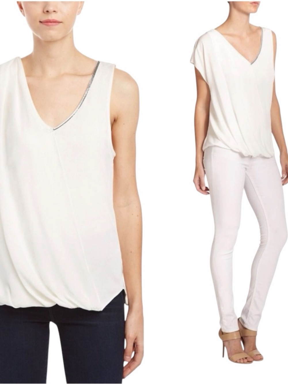 Ramy Brook Sammy Ivory Silk Blouse Crystal Jewel Trim Asymmetric Medium NWT